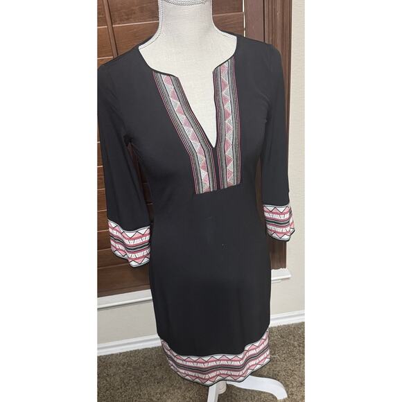 White House Black Market embroidered shift dress black Boho Tribal Mini size XXS - Picture 2 of 9